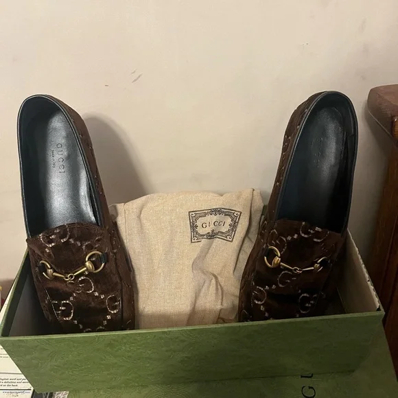 Gucci Brown Velvet Loafers with Gold Accent